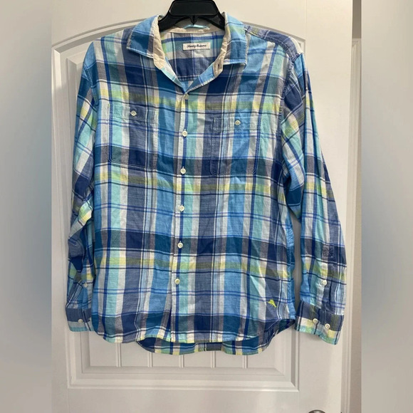 Tommy Bahama Large Preppy Blue Beach Coastal Cotton Tencel Button EUC Plaid - Picture 1 of 9